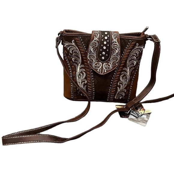 MONTANA WEST laser Cut-Out Buckle Brown Embossed Leather & Studs Concealed Carry - Picture 1 of 12